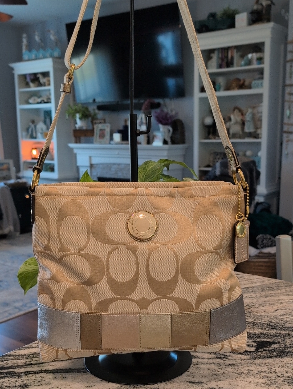 Coach Neutral Signature Jacquard Shoulder Bag with Metallic Trim